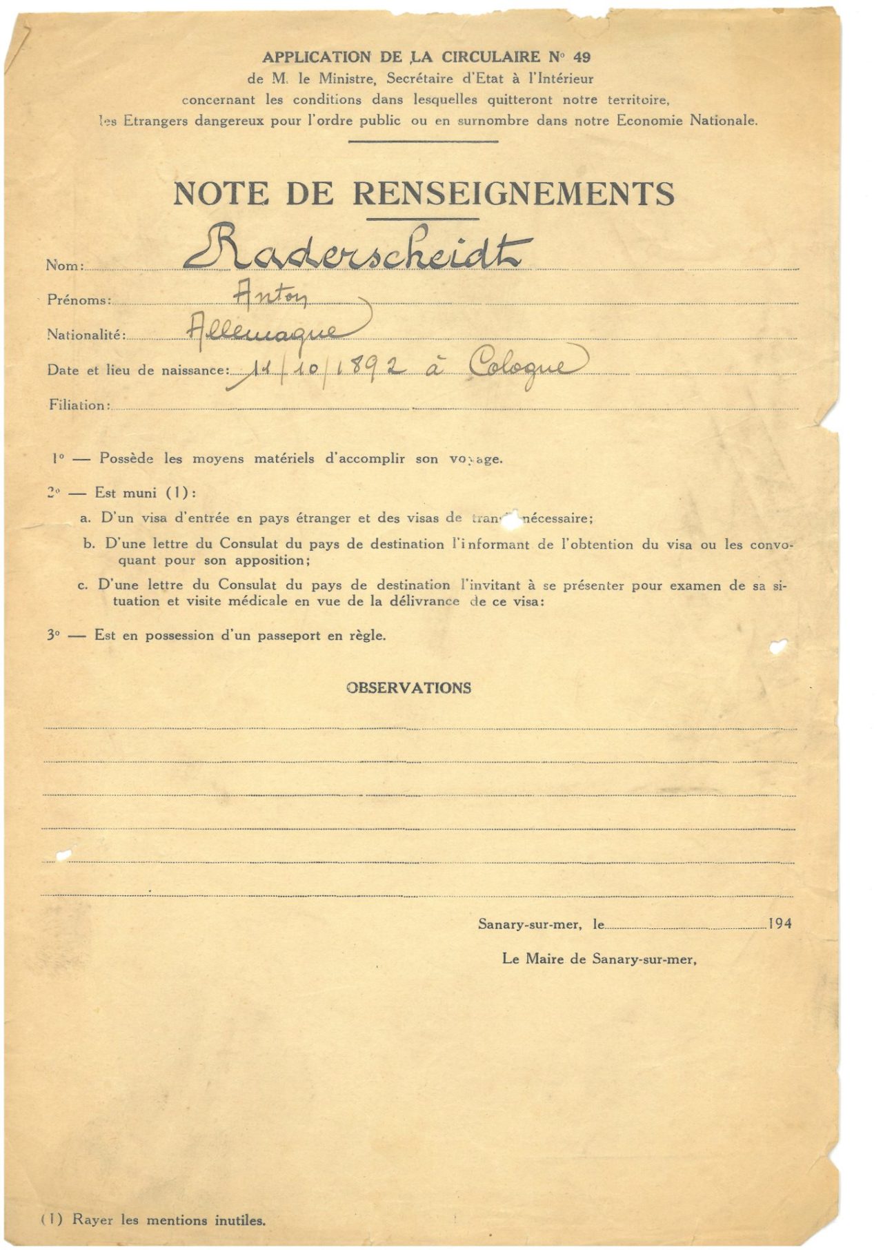 Note de renseignement ©Archives de la Ville de Sanary