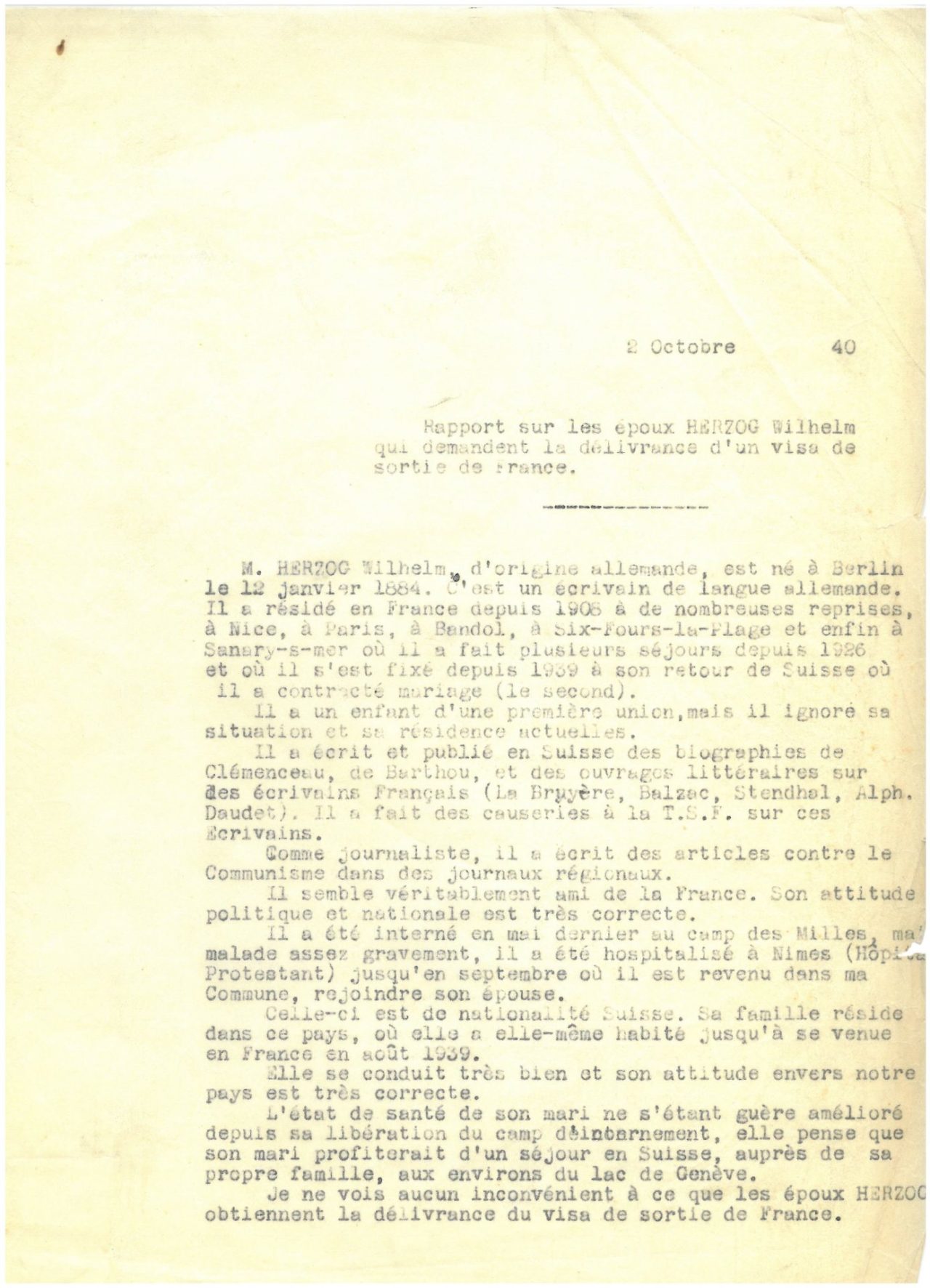 Rapport sur les époux Herzog, 2 octobre 1940
© 2I18 – Archives municipales de Sanary-sur-Mer 
