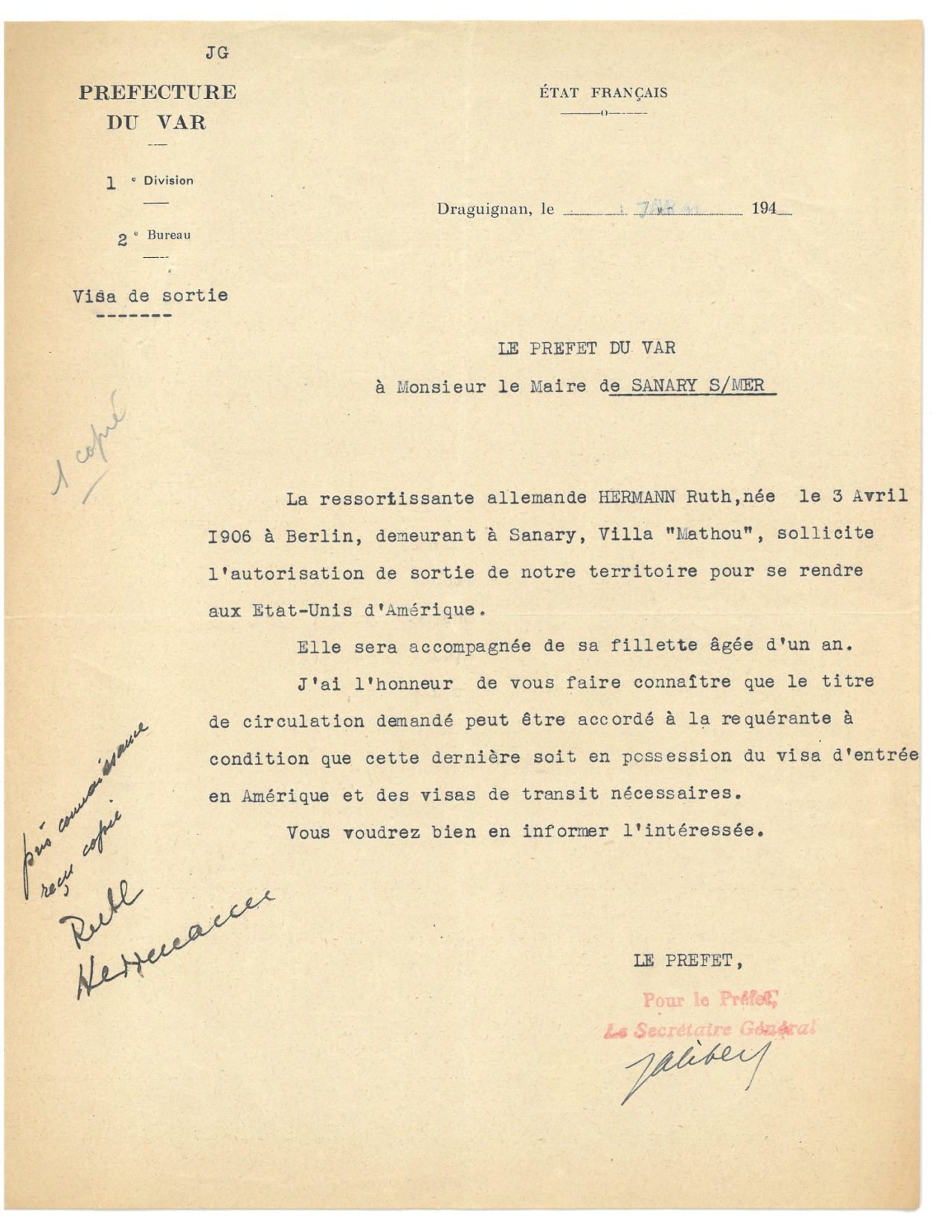 Visa de sortie autorisant Ruth Hermann et sa fille à se rendre aux Etats-Unis
© 2I18 - Archives municipales de Sanary-sur-Mer 
